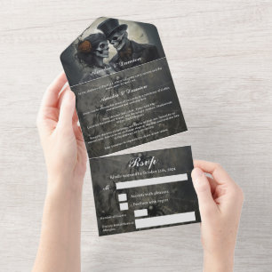Invitación Todo En Uno Boda gótico de Skeleton