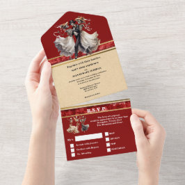 Invitación Todo En Uno Boda gótico del esqueleto rojo de la novia