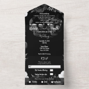 Invitación Todo En Uno Boda gótico del Skeleton blanco y negro
