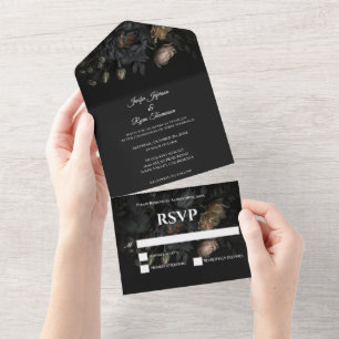 Invitación Todo En Uno Boda gótico floral romántico oscuro