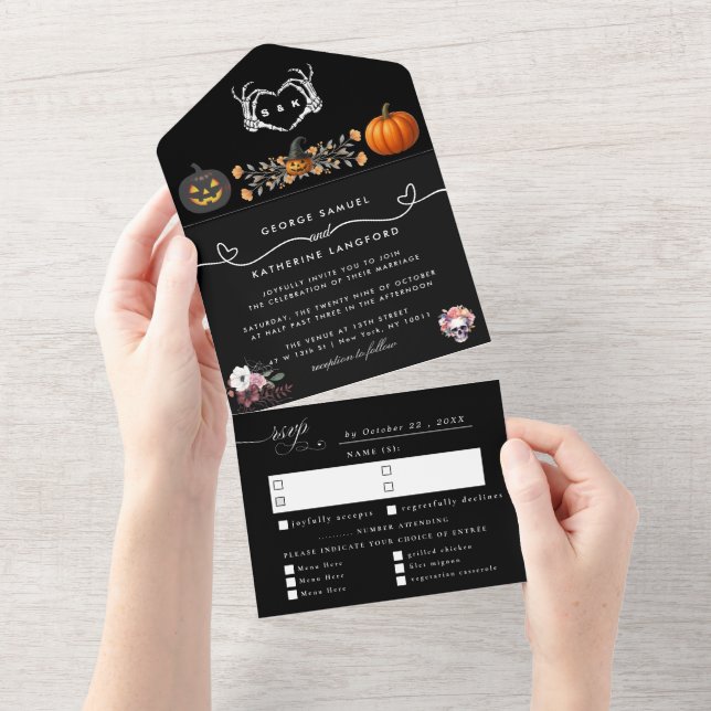 Invitación Todo En Uno Boda Gótico Romántico Skeleton Hand Halloween (desgarro)