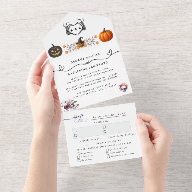 Invitación Todo En Uno Boda Gótico Romántico Skeleton Hand Halloween (desgarro)