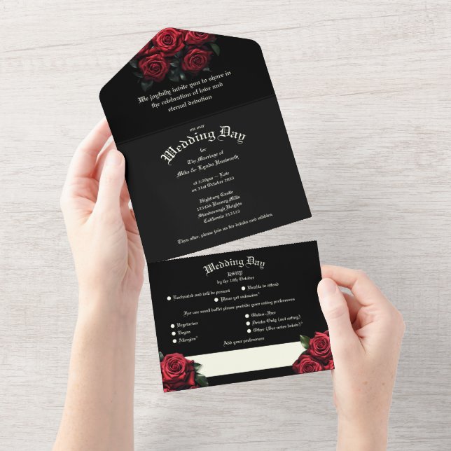Invitación Todo En Uno Boda gótico Roses Roses Roses Rojos (desgarro)