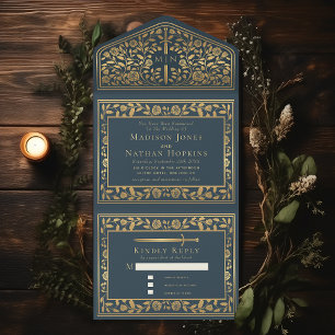 Invitación Todo En Uno Boda Gray Royal Medieval Sword