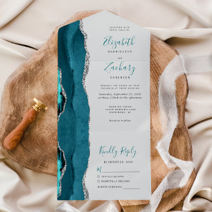 Invitación Todo En Uno Boda Gris Agata Azul Teal Moderno Plata