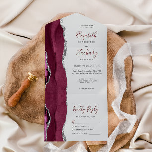 Invitación Todo En Uno Boda Gris Ágata Plateada de Borgoña