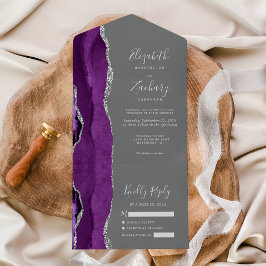 Invitación Todo En Uno Boda Gris Agata Plateado Morado Moderno