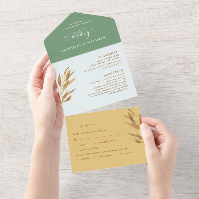 Invitación Todo En Uno Boda gris amarillo moderno con RSVP Perforado Todo (desgarro)