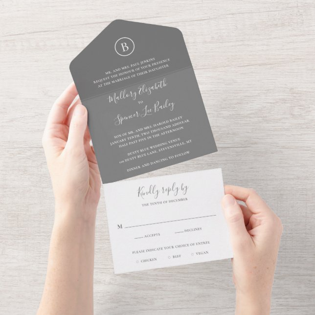 Invitación Todo En Uno Boda Gris Elegante Tradicional (desgarro)