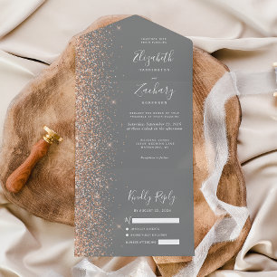 Invitación Todo En Uno Boda Gris Glitter Melocotón Moderno
