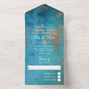 Invitación Todo En Uno Boda Grunge Cobre Pátina y Turquesa