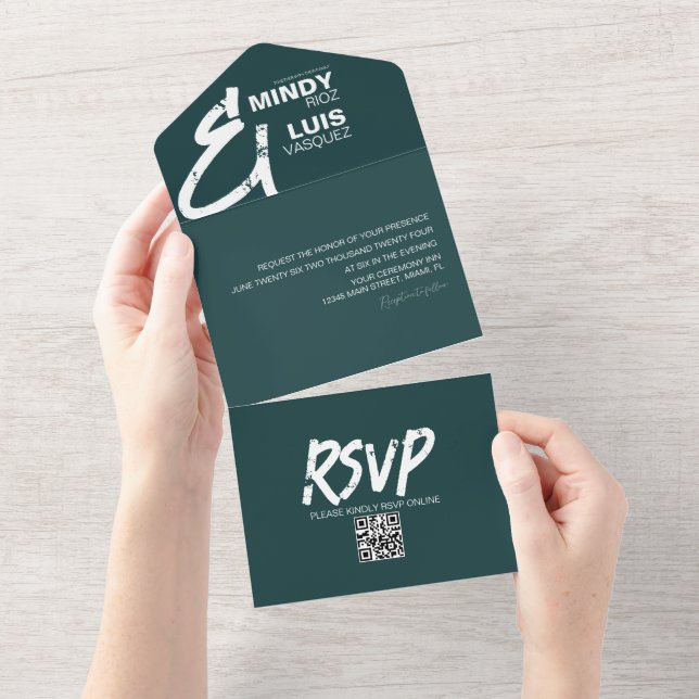 Invitación Todo En Uno Boda Grunge negrita Green AMPERSAND (desgarro)