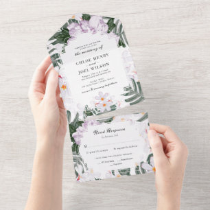 Invitación Todo En Uno Boda Hawaiana Acuarela de Lavanda Tropical