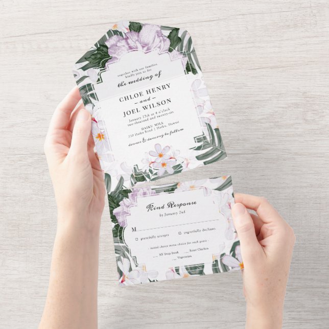 Invitación Todo En Uno Boda Hawaiana Aquarela Lavanda Tropical (desgarro)