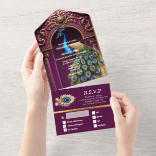 Invitación Todo En Uno Boda hindú plumas de pavo real de oro paisley