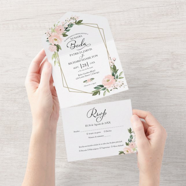 Invitación Todo En Uno Boda hispano floral rosa Rubor (desgarro)