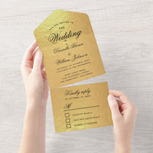 Invitación Todo En Uno Boda Hoja de Oro Falso Elegante Letra Negra RSVP