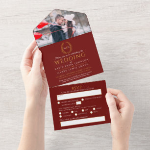 Invitación Todo En Uno Boda hojas de oval de oro blanco rojo monograma fo