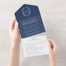 Invitación Todo En Uno Boda hojas ovales de color azul oscuro monograma