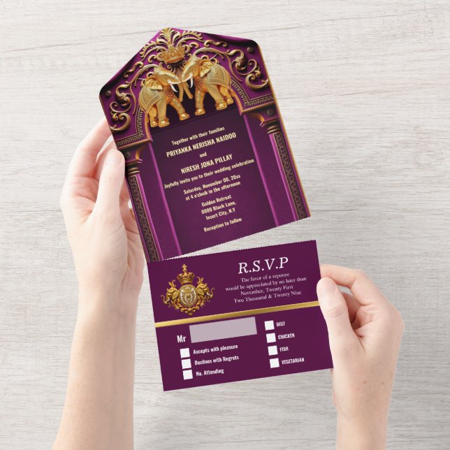 Invitación Todo En Uno Boda indio elefantes de oro de ciruela lujosos asi (desgarro)