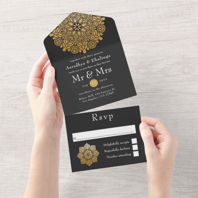 Invitación Todo En Uno Boda indio Gold Mandala (desgarro)