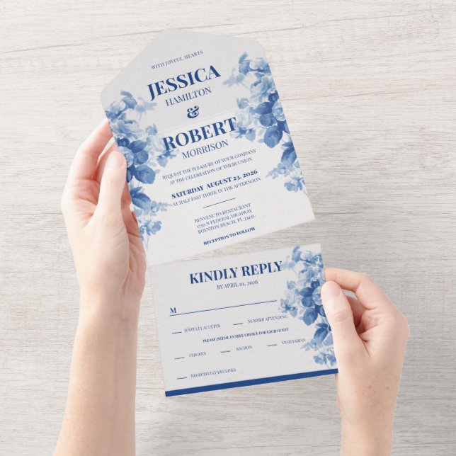 Invitación Todo En Uno Boda inspirado en la Chinoiserie de Floral Azul Vi (desgarro)