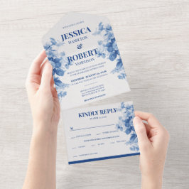 Invitación Todo En Uno Boda inspirado en la Chinoiserie de Floral Azul Vi