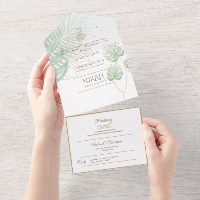 Invitación Todo En Uno Boda islámico NIKAH WALLIMAH Hojas Tropicales (desgarro)