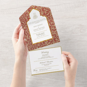 Invitación Todo En Uno Boda islámico NIKAH WALLIMAH Ornate Rojo Oro
