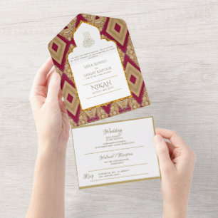Invitación Todo En Uno Boda islámico NIKAH WALLIMAH Ornate Rojo Oro Todo