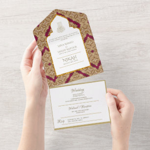 Invitación Todo En Uno Boda islámico NIKAH WALLIMAH Ornate Rojo Oro Todo