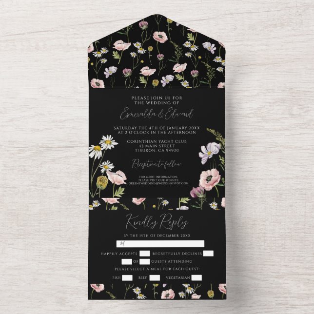 Invitación Todo En Uno Boda Jardín Botánico de Flor Salvaje Negra Moderna (Interior)
