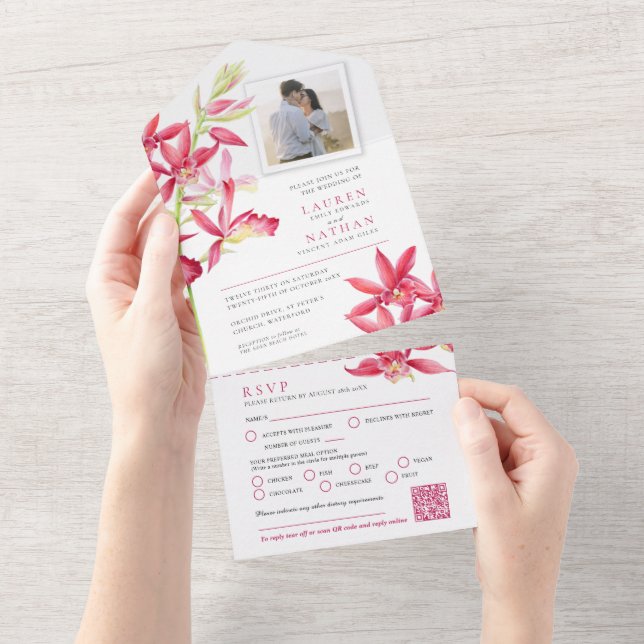 Invitación Todo En Uno Boda joyas orquídea harina de acuarela RSVP QR fot (desgarro)