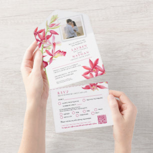 Invitación Todo En Uno Boda joyas orquídea harina de acuarela RSVP QR fot