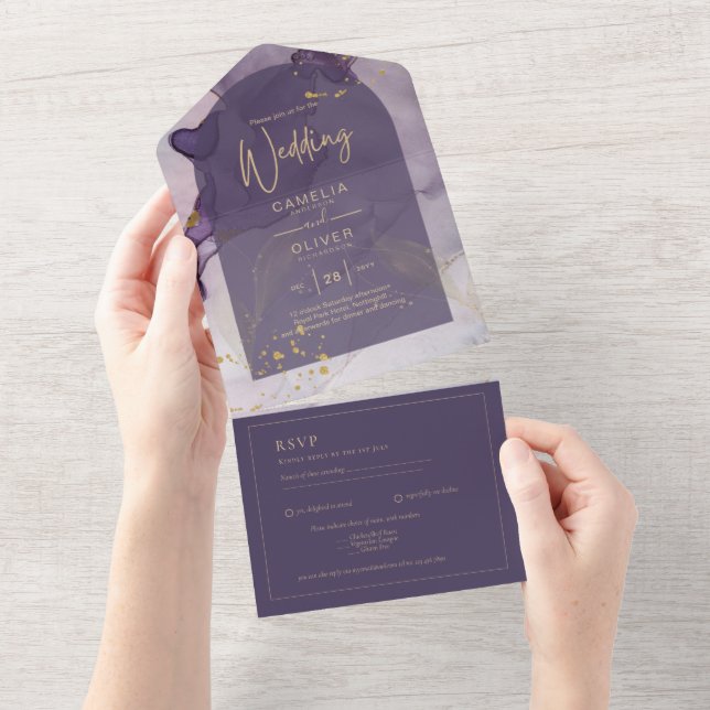 Invitación Todo En Uno Boda LeahG Ink Ombre Purple Lavender Gold (desgarro)
