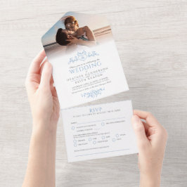 Invitación Todo En Uno Boda línea de la hoja arte monograma azul corazón