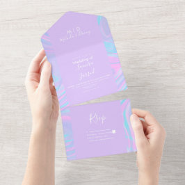 Invitación Todo En Uno Boda Líquida Abstracta Pastel Púrpura