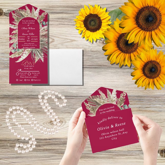 Invitación Todo En Uno Boda Magenta Boho moderno elegante (Subido por el creador)