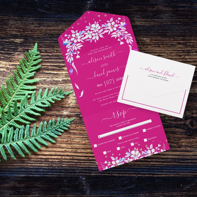 Invitación Todo En Uno Boda magenta de garland con cascada de flores blan (Subido por el creador)