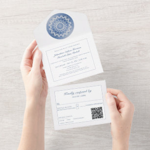 Invitación Todo En Uno Boda Mandala de Encaje Azul