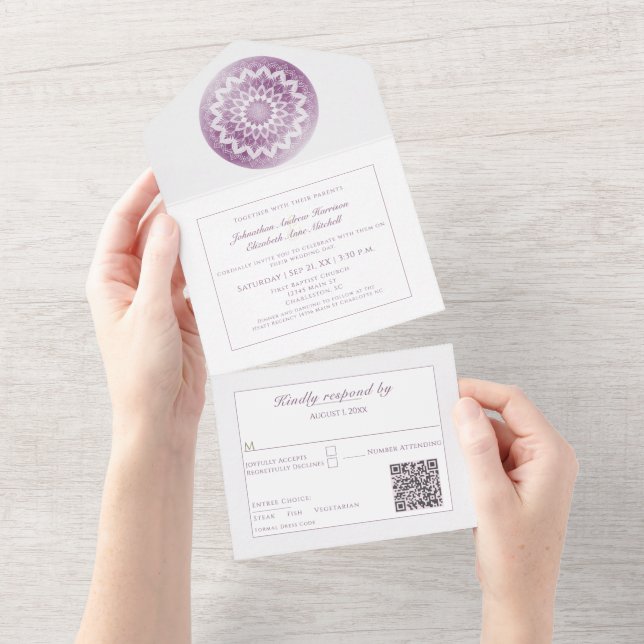 Invitación Todo En Uno Boda Mandala de Encaje Rosa (desgarro)