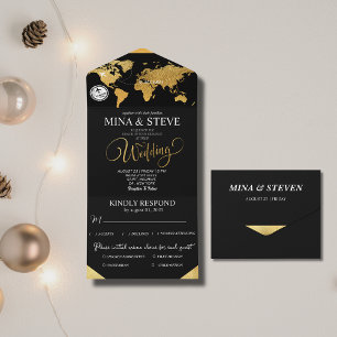 Invitación Todo En Uno Boda Mapa Mundial Negro y Dorado 