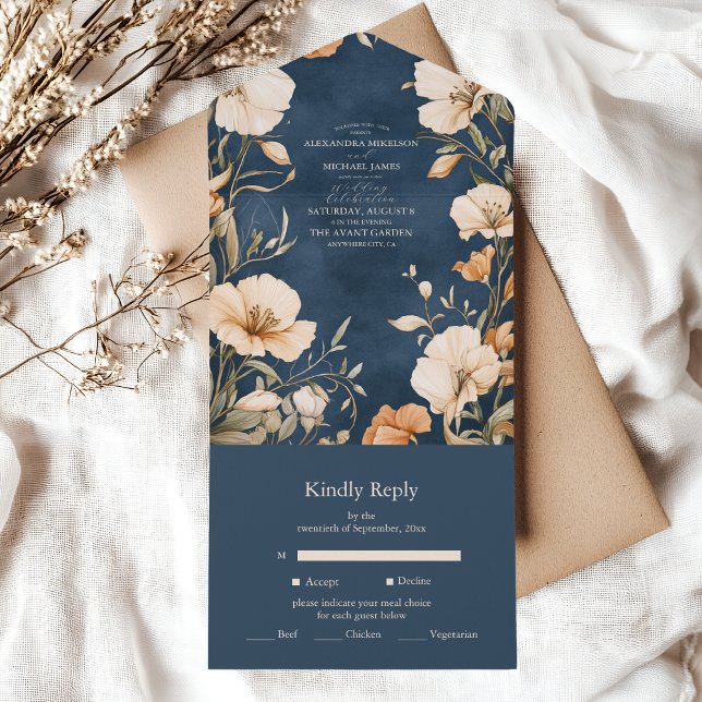 Invitación Todo En Uno Boda marfileño elegante azul de la Marina (Subido por el creador)