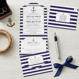 Invitación Todo En Uno Boda Marina Armada y Ancla de Raya Blanca