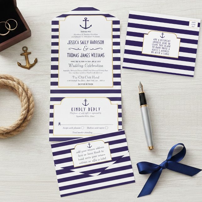 Invitación Todo En Uno Boda Marina Armada y Ancla de Raya Blanca (Subido por el creador)