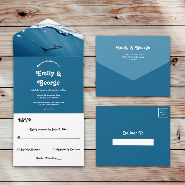 Invitación Todo En Uno Boda marina azul subacuática tiburón náutico de pl (Subido por el creador)