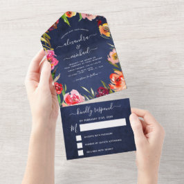 Invitación Todo En Uno Boda Marina Floral Azul Floral Elegante acuarela R