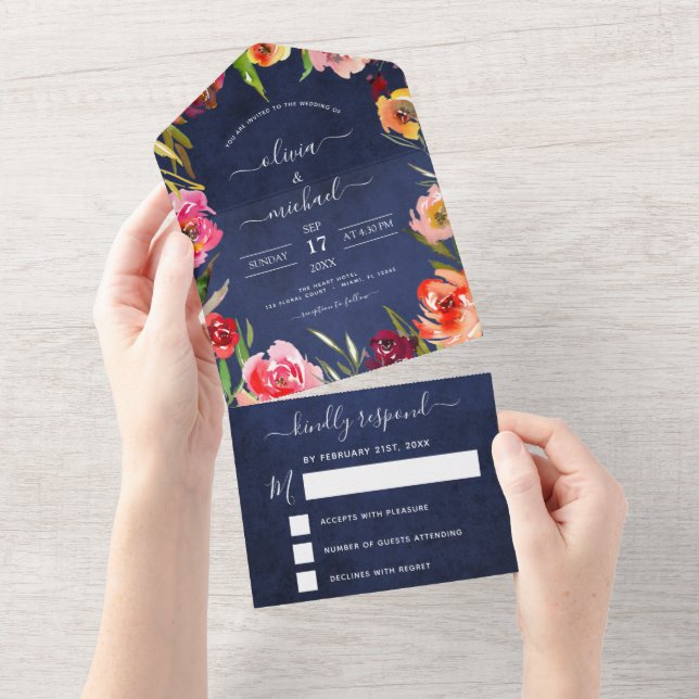 Invitación Todo En Uno Boda Marina Floral Azul Floral Elegante acuarela R (desgarro)