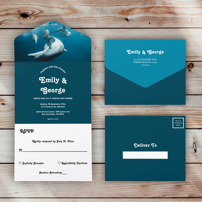 Invitación Todo En Uno Boda marina submarina de juguetones delfines en la (Subido por el creador)