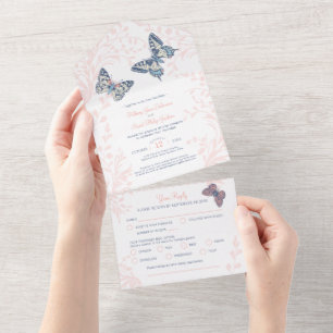 Invitación Todo En Uno Boda mariposas coralinas giran la comida RSVP